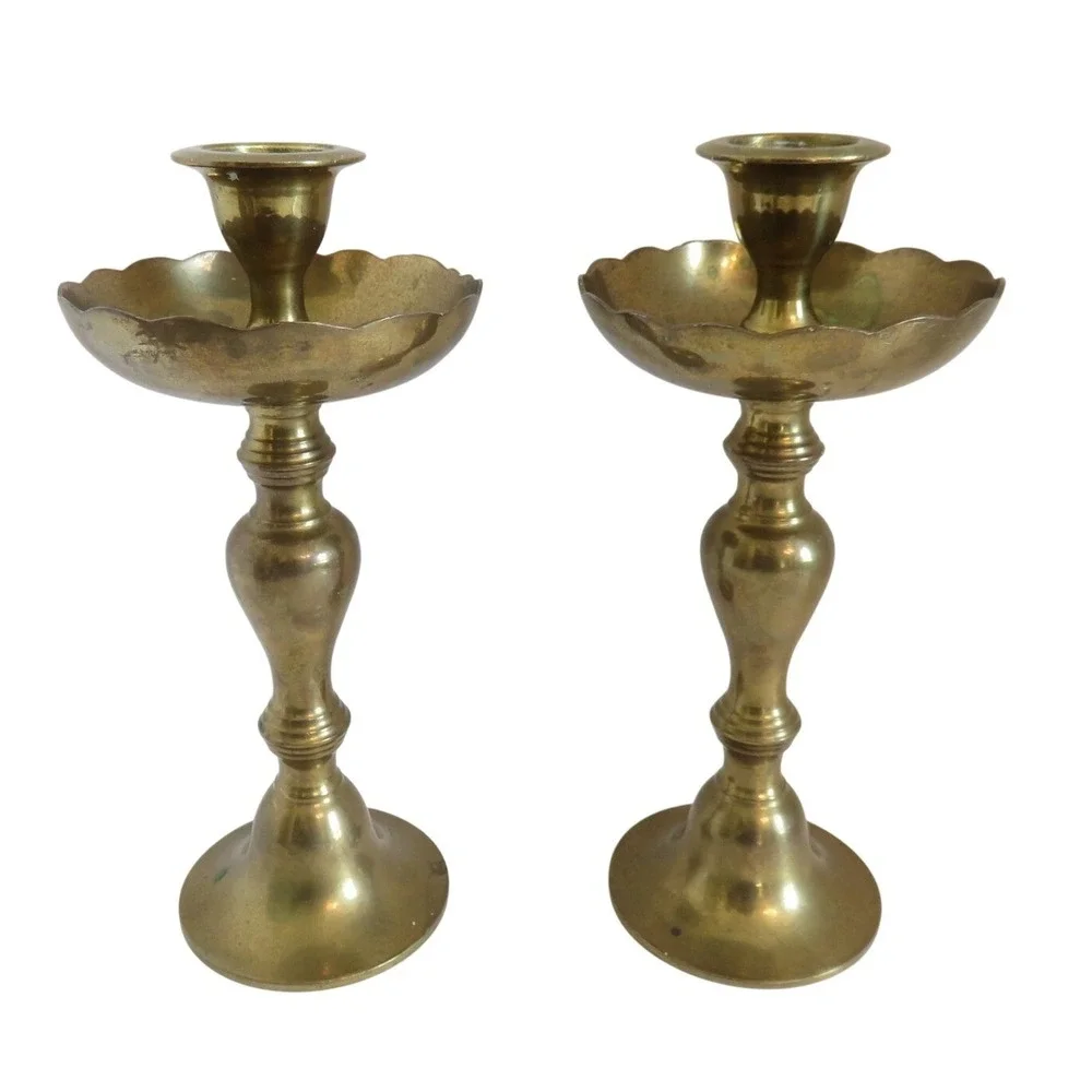 Vintage Solid Brass Scalloped Bobeche‎ Taper Candlestick Holders Pair 8.5 Inch